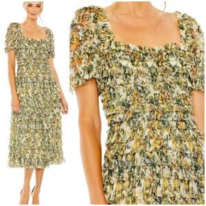 Mac Duggal NWT Multicolor Short Sleeve Micro Ruffle Tea Length Dress Size 18